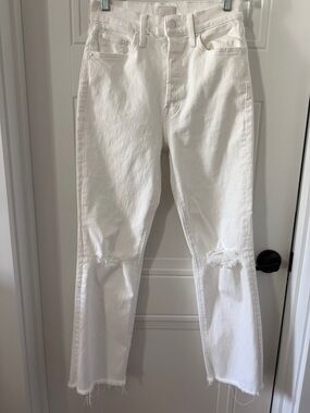 MOTHER White The Tripper Ankle Fray Jeans with Knee Distressing